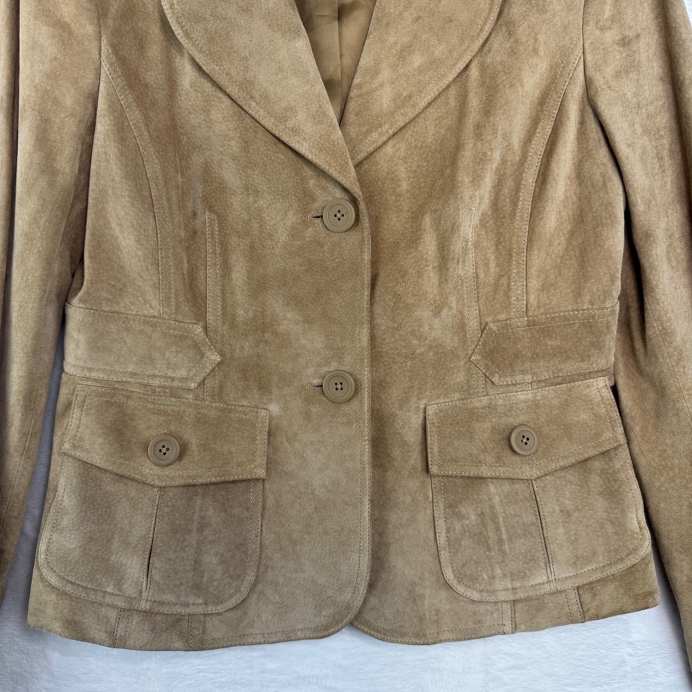 Ann Taylor Loft Tan Suede Leather Blazer Jacket Womens Size 8 Two Button Camel - Picture 2 of 8